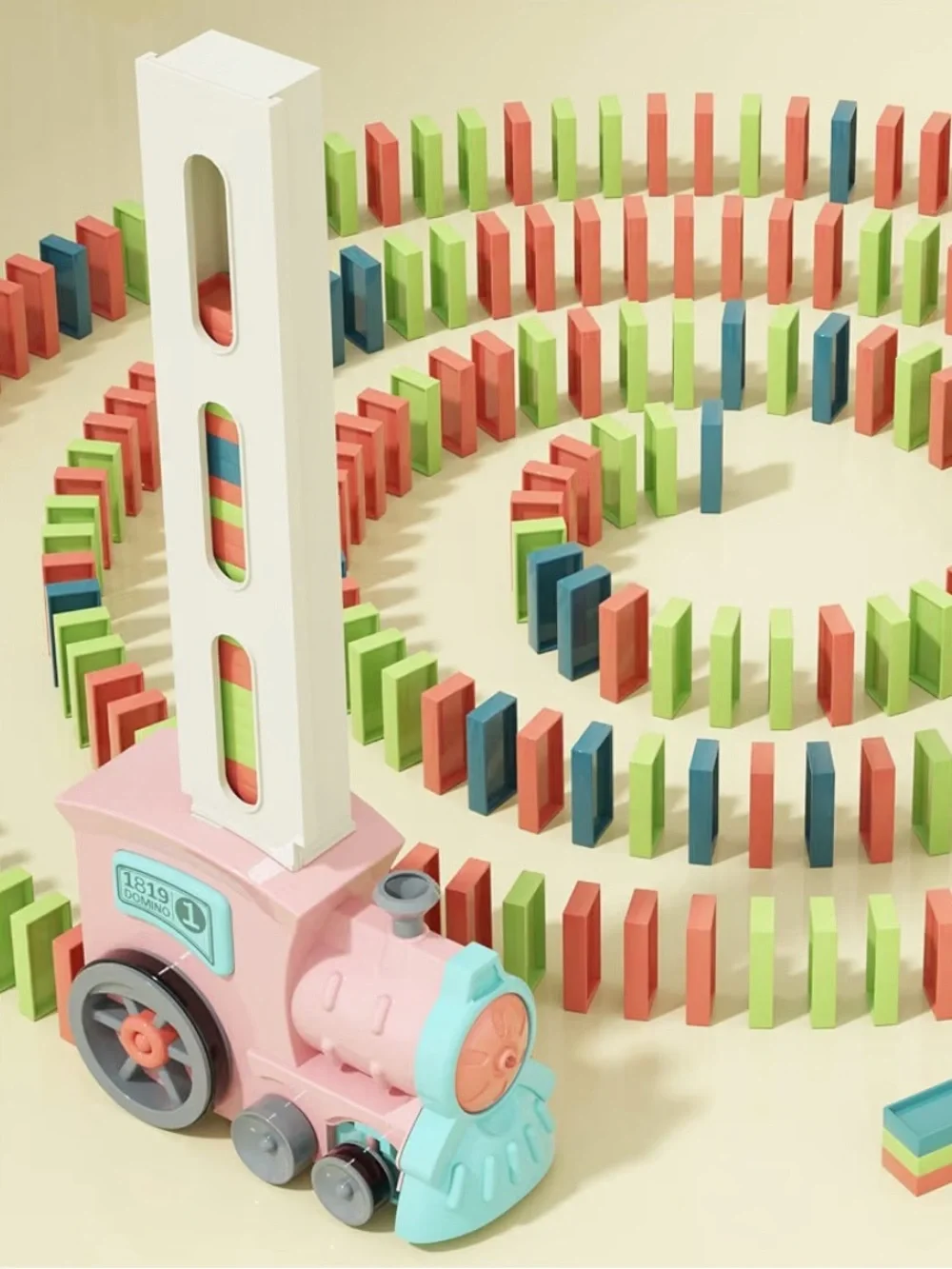 Motorized Domino Train Set - Colorful Wooden Stacking Dominoes